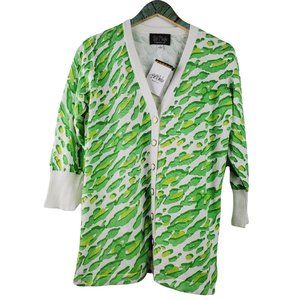 Bob Mackie Wearable Art Green Animal Leopard Print Knit Cardigan Sz Small NWT